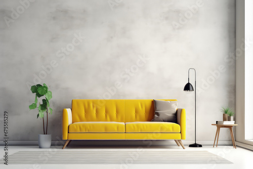 Yellow sofa minimal in living room interior with plant,white wall. 3d render illustration. Generative AI.