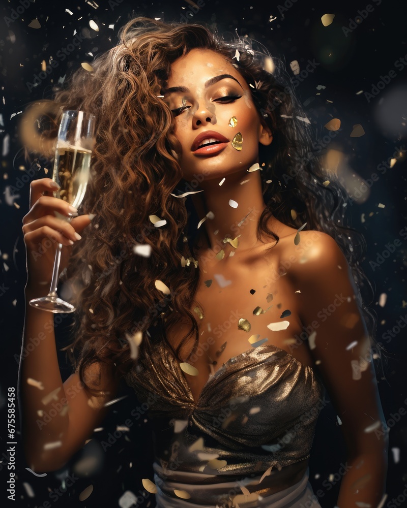 beautiful happy young woman having fun, holding glass of champagne against confetti background
