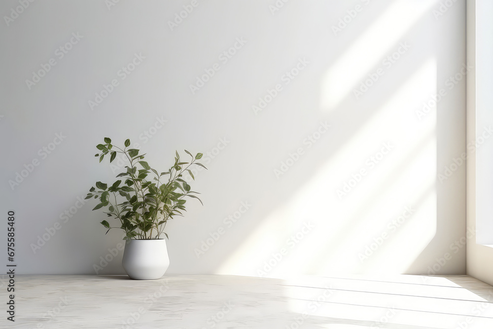 Minimalistic light background with blurred foliage shadow on a white wall. Empty white room interior with plant pot. 3d render illustration. Generative AI. Minimalistic light background with blurred foliage shadow on a white wall. Empty white room interior with plant pot. 3d render illustration. Generative AI.