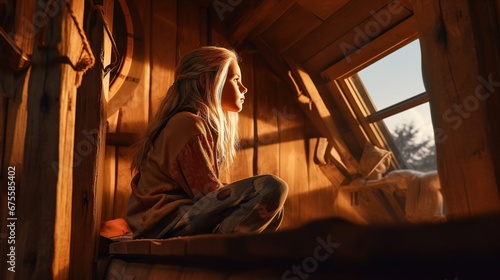 Beautiful girl lookin out of window from wooden cabin at golden hour  sunset 