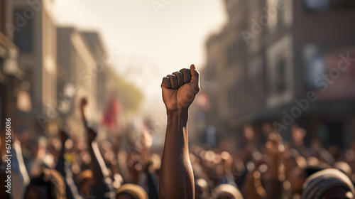 Raised arm with clenched fist, black African American activism, fighting against racism and human rights for equality and social justice protest photo