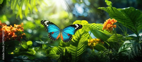 In the background of a summer garden an isolated leaf flutters gracefully as a colorful butterfly dances amongst the vibrant green plants and tropical flowers creating a vibrant stage in na photo