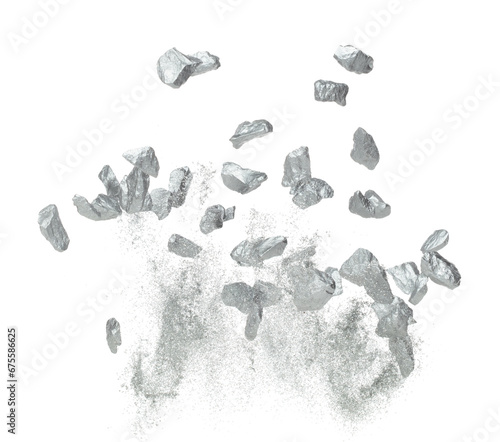 Silver ore nugget fly fall from Mining float in air. Many pieces silver nugget ore explosion with stone gravel in silver Mining industry. White background Isolated throwing freeze stop motion photo
