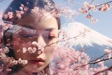 portrait of a woman against the background of a photo of Japan, photo with double exposure, symbol of femininity, symbol of Japan
