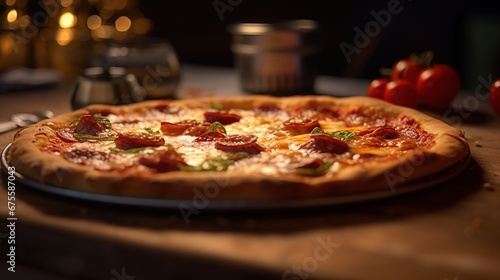 pizza dish on the table with ham, cheese and olives. Freshly baked pizza.