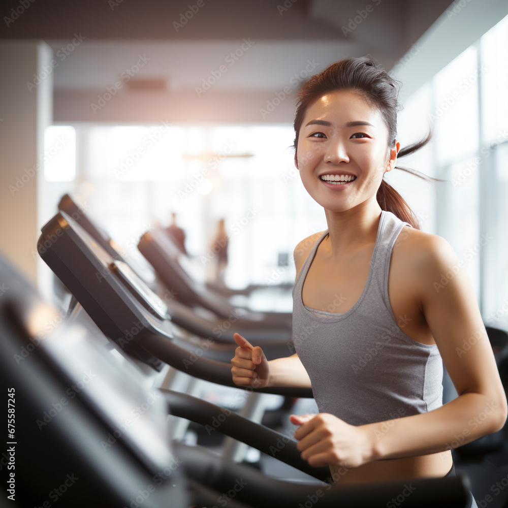 young asian woman on a treadmill. young asian woman on a treadmill.