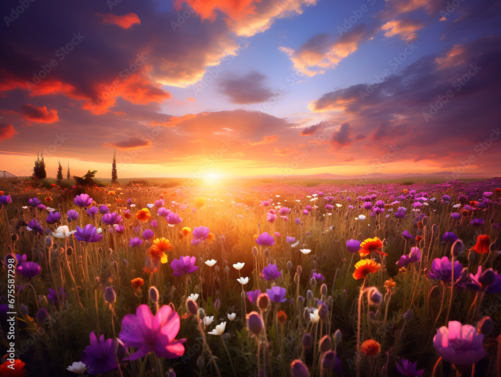 field of wildflowers at sunset
