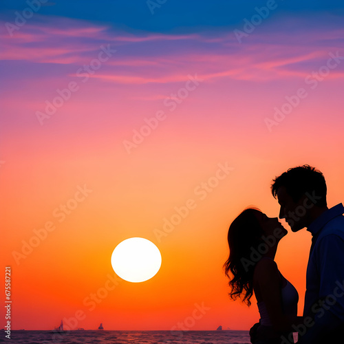 silhouette of couple kissing on sunset, summer 