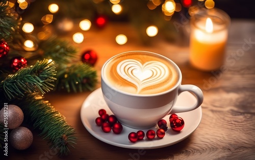 latte art coffee with heart on Christmas decorated background
