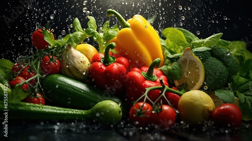 fresh vegetables, fruits and splashes of water, on a dark background, High resolution collage for skinali