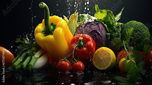 fresh vegetables, fruits and splashes of water, on a dark background, High resolution collage for skinali