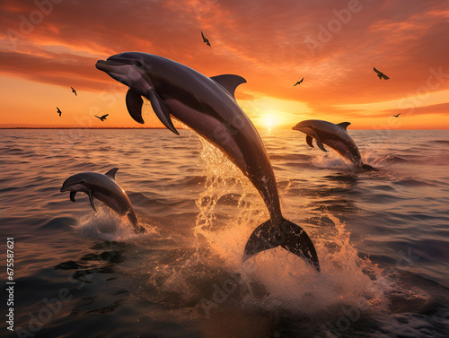 group of dolphins jumping out of water