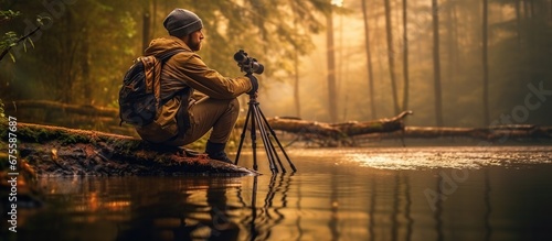 A man photographer on a beautiful lake. photo