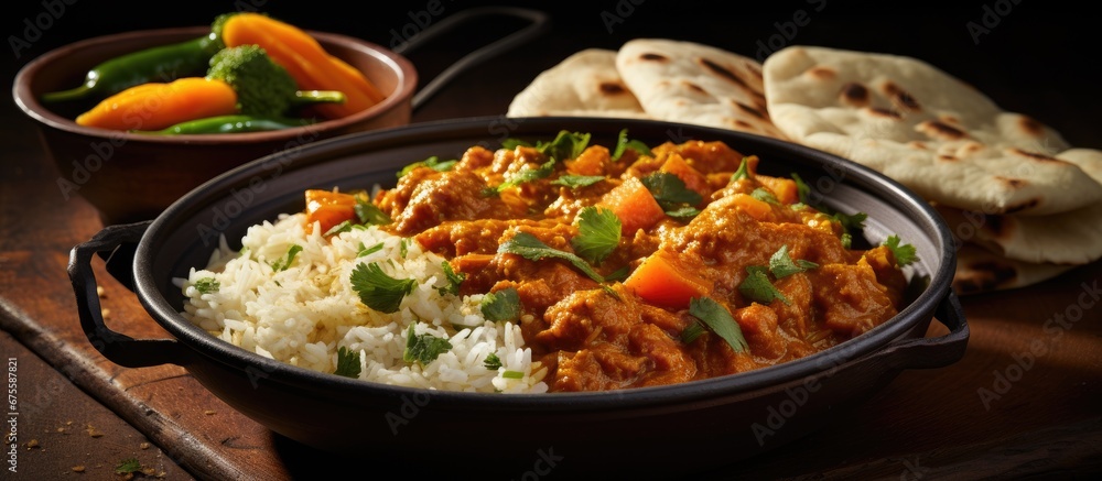 For a healthy breakfast indulge in a delicious Indian Asian meal by relishing a bowl of rice cooked in aromatic Kerala curry gravy infused with flavorful masala spices - obrazy, fototapety, plakaty 
