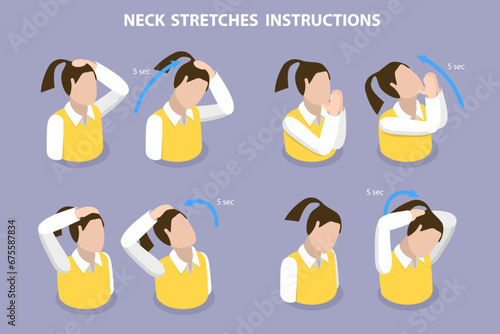 3D Isometric Flat Vector Illustration of Neck Stretches Instructions, Easy Office Workout