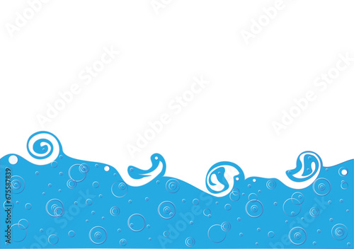 Vector illustration of blue sea wave on white. Water theme with splashing waves and white space frame for text.