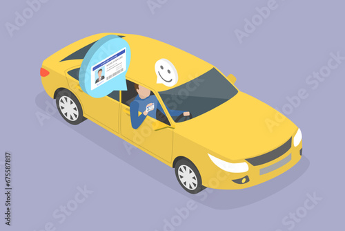 3D Isometric Flat Vector Illustration of Successfully Passed Driver Exam, Car Driveing License