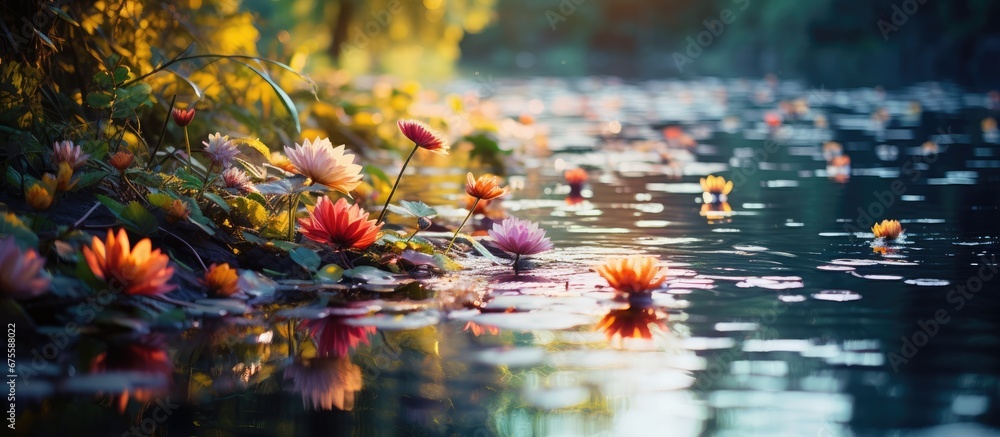 In the beautiful summer garden a background of vibrant green leaves and colorful flowers creates a stunning contrast against the white light reflecting off the glistening water showcasing th In the beautiful summer garden a background of vibrant green leaves and colorful flowers creates a stunning contrast against the white light reflecting off the glistening water showcasing th