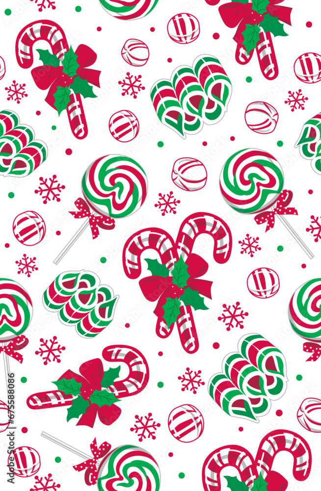 Seamless Pattern of Christmas different kinds of Candy with Snowflakes and Holly leafs- Christmas Vector Illustration