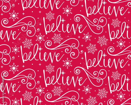 Seamless Pattern of Christmas Believe Wordings with Swirl and Snowflakes