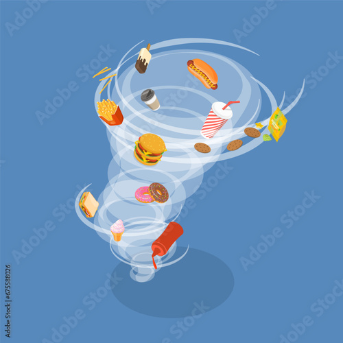 3D Isometric Flat Vector Illustration of Calories Hurricane, Unhealthy Fast Food Meals