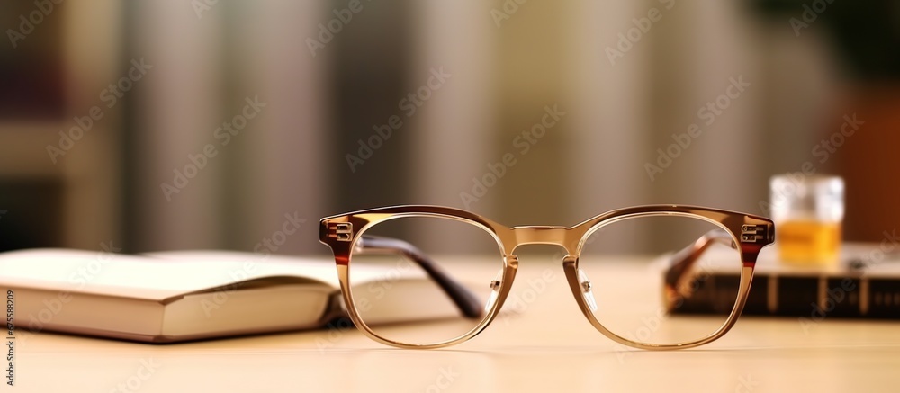 background of glasses on a table with books. - obrazy, fototapety, plakaty 