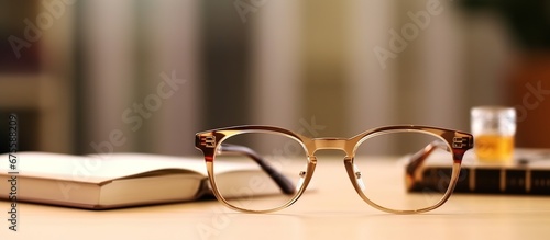 background of glasses on a table with books. photo