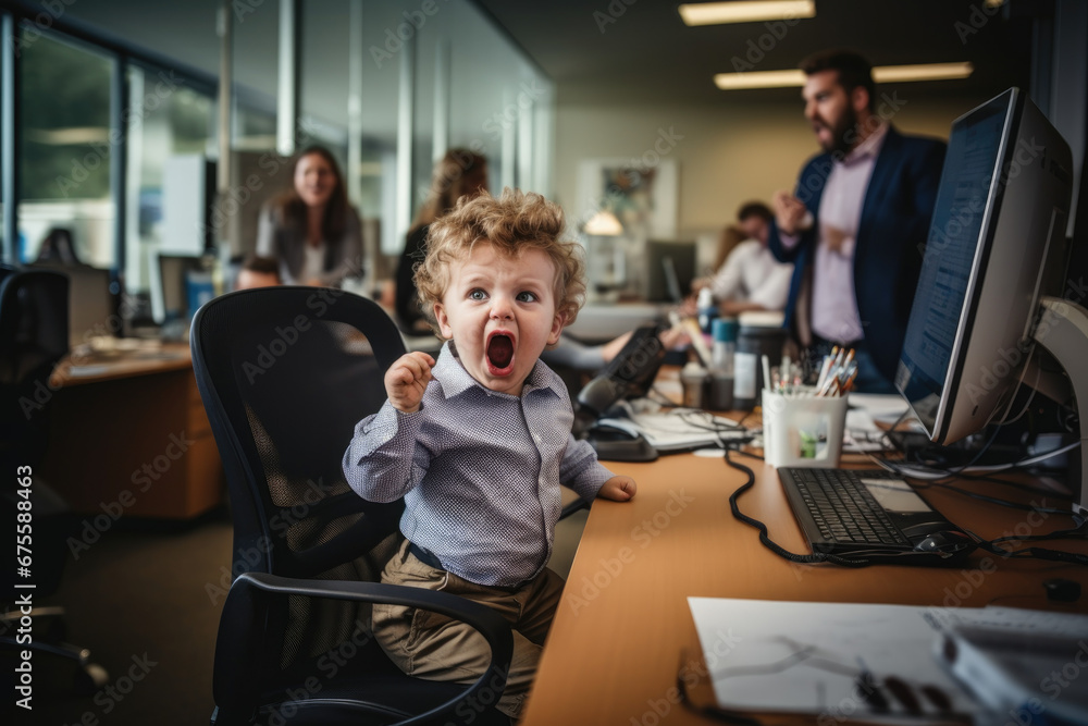 Turbulent Workplace. Angry Toddler Girl Sitting in Office with Frustrated and Failed Boss. Unruly Office Atmosphere concept. AI Generative - obrazy, fototapety, plakaty 