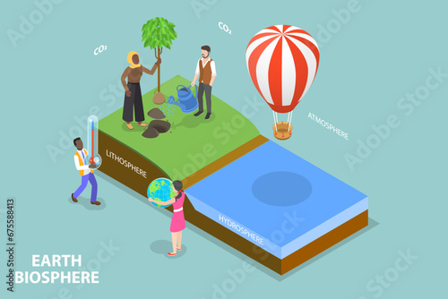 3D Isometric Flat Vector Illustration of Earth Biosphere , Natural Ecosystems with Wildlife
