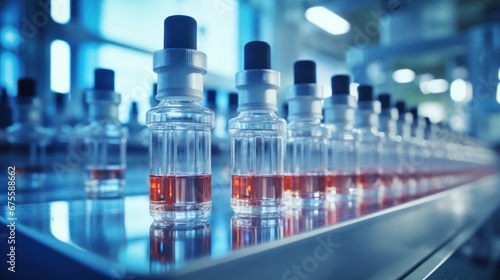 Medical vials on production line at pharmaceutical factory, Pharmaceutical machine working pharmaceutical glass bottles production line, health care, pandemic © pinkrabbit