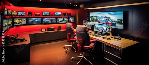 Motorsport circuit control room race director with multiple TV monitoring lines.