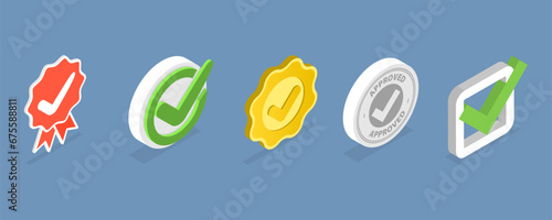 3D Isometric Flat Vector Set of Approved Checkmarks, Premium Quality Mark, Mission Accomplished