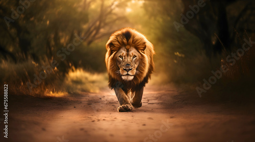 A big and beautiful wild lion walking towards the camera on a dusty jungle road. Blurred savanna trees and grass in the background photo