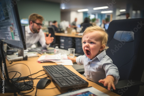 Turbulent Workplace. Angry Toddler Girl Sitting in Office with Frustrated and Failed Boss. Unruly Office Atmosphere concept. AI Generative