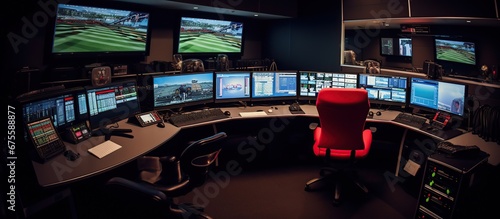 Motorsport circuit control room race director with multiple TV monitoring lines.