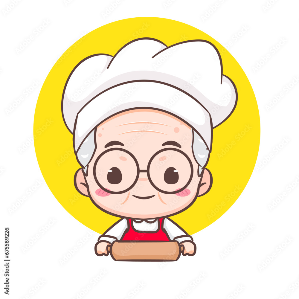 Obraz premium Cute grandfather chef cartoon. Grandpa cooking logo vector art. People Food Icon Concept. restaurant and homemade culinary logo