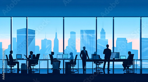 Silhouettes of business people sitting and standing in office  vector illustration  city skyline silhouette in the background