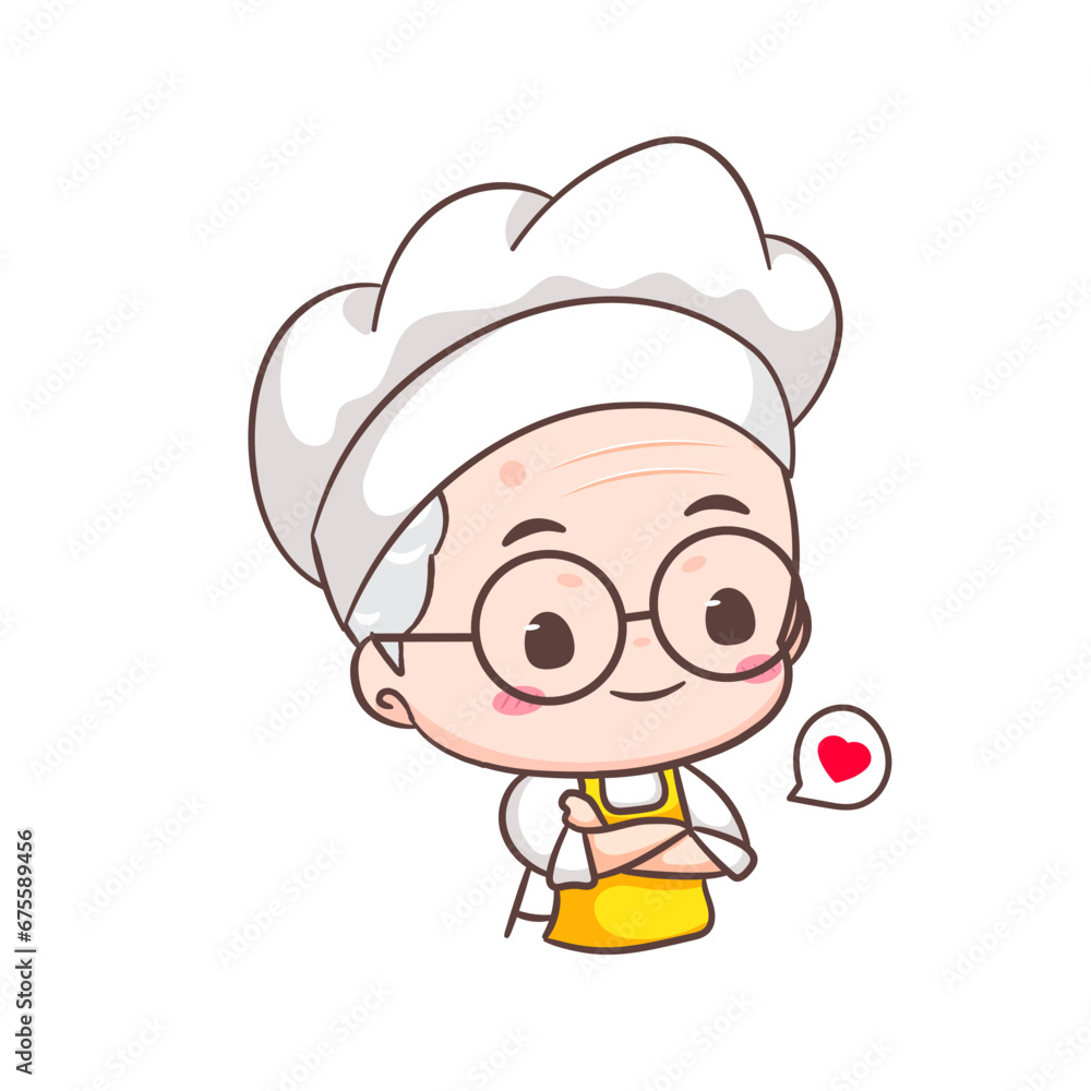 Cute grandfather chef cartoon crossed arm. Grandpa cooking logo vector art. People Food Icon Concept. restaurant and homemade culinary logo Cute grandfather chef cartoon crossed arm. Grandpa cooking logo vector art. People Food Icon Concept. restaurant and homemade culinary logo