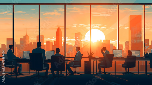 Silhouettes of business people sitting in office at a sunset  vector illustration  tall city buildings silhouettes in the background