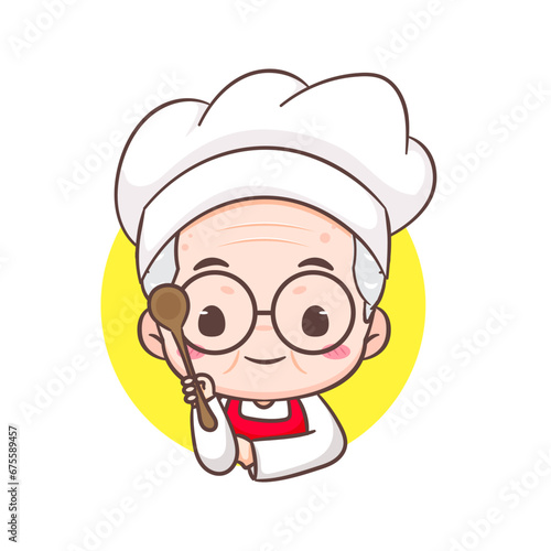 Cute grandfather chef cartoon. Grandpa cooking logo vector art. People Food Icon Concept. restaurant and homemade culinary logo