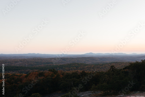 Sunset in the mountains in autumn. Landscape with mountains and picturesque sky at dawn. Horizon. Bird s eye view panorama. Bald Rock  Great Smoky Mountain National Park  South Carolina  USA
