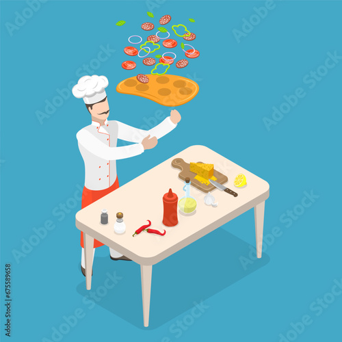 3D Isometric Flat Vector Illustration of Pizza Making, Pizzaiolo Throwing Dough