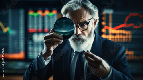 portrait of investor or businessman or entrepreneur holding a magnifying glass, stock exchange background copy space, find opportunity in stock market concept