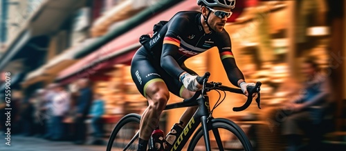 dramatic colorful close-up portrait bicycle athlete. photo