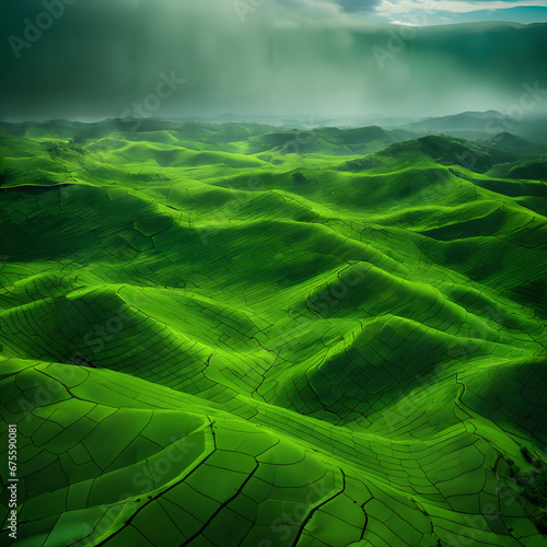 A digital illustration of green hills with clouds.