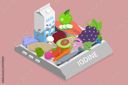 3D Isometric Flat Vector Illustration of Healthy Food Guide, Products Containing Vitamins