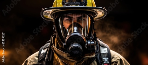 a firefighter wearing firefighting gear, with smoke in the background.