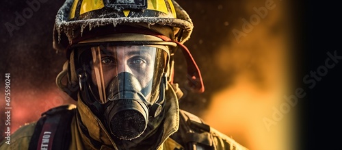 a firefighter wearing firefighting gear, with smoke in the background.
