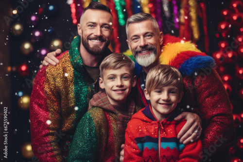 Joyful Gay Family Portrait: Dads with their kids with matching outfits, all smiling happily in front of Christmas lights in outdoors