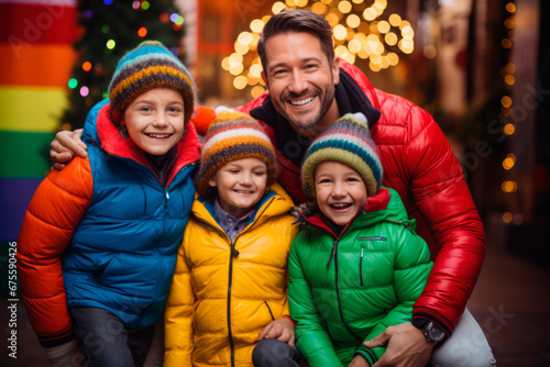 Joyful Gay Family Portrait: Dad with their kids, all smiling happily in front of Christmas lights indoors